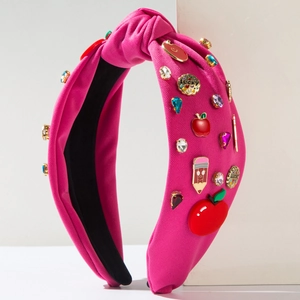 Rose red knotted wide headband with apple and pencil charms and colorful crystals