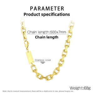 Close-up of golden stainless steel chain necklace with rectangular engravable pendant