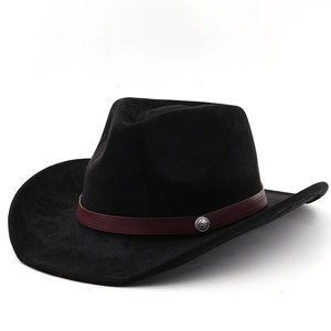 Classic black suede cowboy hat with burgundy belt and engraved silver metal buckle
