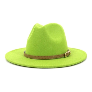 Detail of neon green felt hat showing high-quality suede texture and brown buckle strap