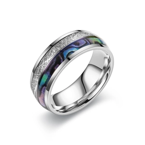 Vintage titanium steel ring featuring a colorful shell inlay and textured silver band