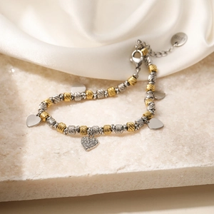 Chic 18K gold and silver plated stainless steel beaded bracelet with zircon heart charms