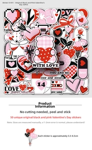 Close-up of 50pcs black and pink Valentine stickers with hearts, bears, and rose designs