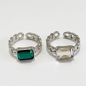 S925 sterling silver chain ring with emerald cut green and clear cubic zirconia