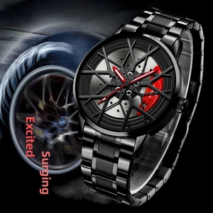 Detail of 3D automotive wheel rim dial with red brake caliper and stainless steel strap