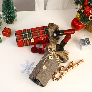 Christmas wine bottle covers with plaid patterns and faux fur collars for festive party decor
