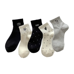Five-pack of cute cotton socks featuring cartoon bear embroidery and polka dot patterns