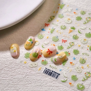 Stickers ongles 3D thème Pomme Verte TS-4087 avec motifs mignons sur fond blanc