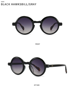 Front and 45-degree side views of retro round sunglasses with black frames and gray lenses