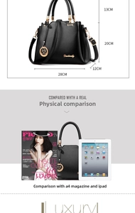 Size comparison of large tote bag with A4 magazine and iPad for capacity visual