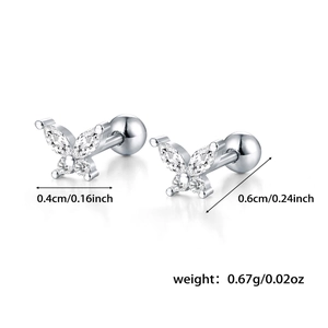 Macro shot of 925 sterling silver butterfly stud with zircons and precise dimensions