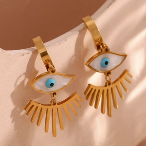 18K gold plated stainless steel evil eye earrings with white shell and eyelashes