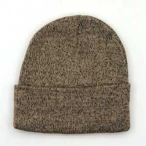 Detailed top-down view of brown and black mixed knit texture on a cuffed beanie hat