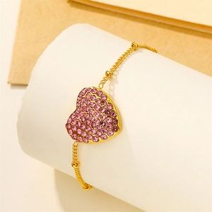 Minimalist 18k gold plated stainless steel beaded bracelet with pink crystal heart charm
