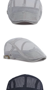 Detail of mesh fabric and adjustable metal buckle on summer ivy flat caps in various colors