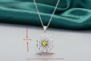 Détail du pendentif tournesol en argent avec pierre jaune et zircons blancs