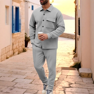 Men's casual autumn two-piece set featuring a grey lapel long sleeve jacket and trousers