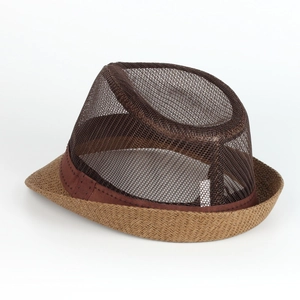Close-up of breathable mesh crown and woven straw brim on this vintage fedora hat