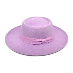 Lilac wide brim wool fedora hat with matching grosgrain ribbon and bow detail