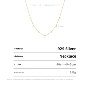 Detail of S925 silver gold-plated necklace with blue marquise zircon stones and dimensions