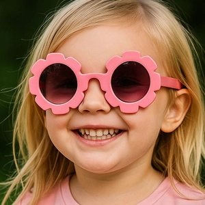 Kids flower-shaped round sunglasses in bright pink color worn by a model in nature