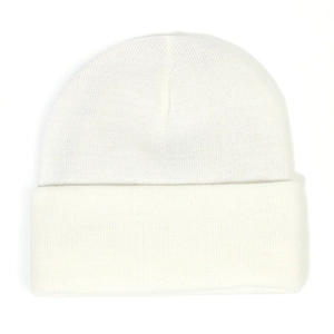 Close-up detail of the white fine-knit fabric texture on this classic cuffed beanie hat
