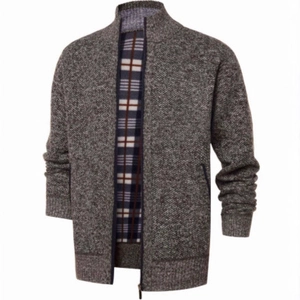 Men's slim fit knit cardigan with stand collar and plaid fleece lining in taupe heather