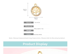 Detailed size chart of a 16mm tree of life alloy pendant with sparkling rhinestones