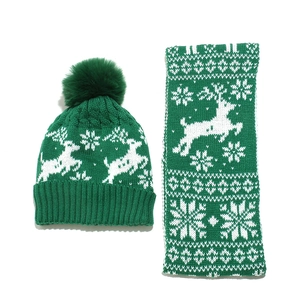 Ensemble bonnet et écharpe de Noël en tricot vert pour enfants avec rennes et flocons