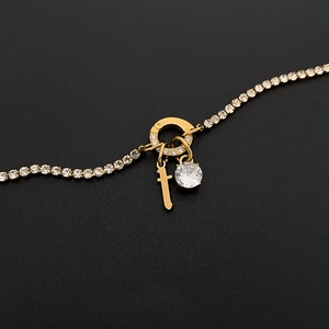 Elegant gold titanium steel bracelet with letter T and sparkling rhinestone charms