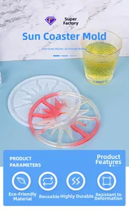 Detail of sun pattern silicone mold for resin coasters and a colorful gradient finished piece