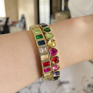 Colorful geometric square and heart gemstone elastic bracelets with gold metal base
