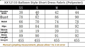 Size chart showing XS to L measurements for the polyester balloon-style short dress