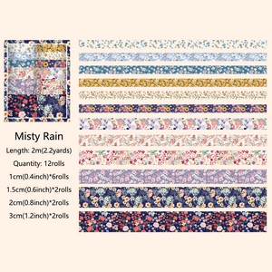 Detailed specs for 12 rolls of Misty Rain floral washi tape set in 4 assorted widths