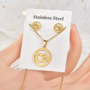 Gold stainless steel jewelry set with heart pendant necklace and matching stud earrings