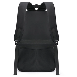 Black laptop backpack with breathable mesh straps and luggage trolley strap back view
