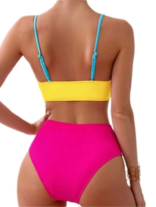 Rear view of color block high waisted bikini with blue straps and yellow pink panels