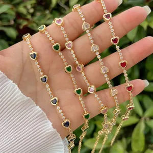 Bracciale In Zirconia Cubica Colorata A Forma Di Cuore Da Donna Rame Placcato Oro 18K Catena调节 Braccialetto