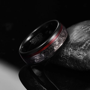 8mm black tungsten carbide men's ring with red guitar string and celtic dragon inlay