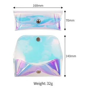 Holographic PVC sunglass case with metal snap closure and detailed dimensions