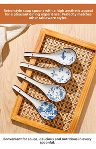 Close-up of four ceramic soup spoons with vintage blue floral patterns in a tray