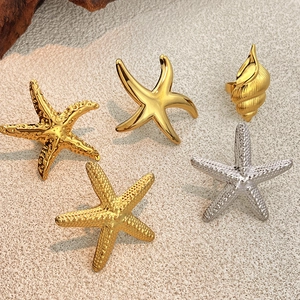 Stainless Steel Starfish Conch Open Rings For Women 18K Gold Plated Ocean Marine Style Adjustable Fashion Finger Jewelry