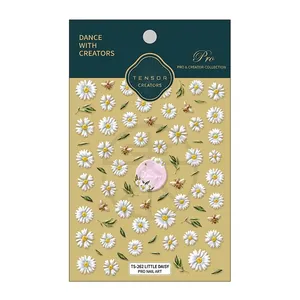 3D embossed little daisy and bee nail art stickers with realistic floral leaf designs
