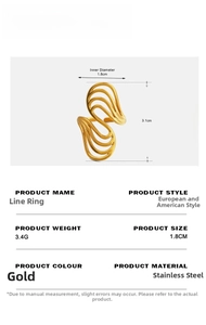Detailed view of gold geometric wavy ring with size specs and stainless steel texture