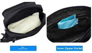 Detail view of the black waist bag showing the main compartment and inner zipper pocket