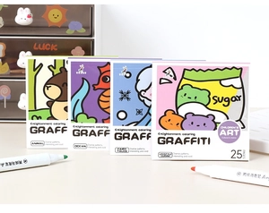 Set of 4 mini watercolor coloring books with 25 pages and acrylic markers for kids art