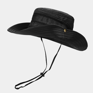 Quick-dry black sun hat with breathable mesh and chin strap for outdoor hiking