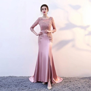 Women Elegant Round Neck Lace Satin Mermaid Evening Dress Slim Fit Long Sleeve Floor Length Party Gown Side Slit