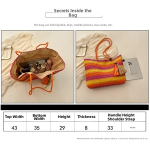 Size chart showing width 43cm, height 29cm and handle height 33cm for the woven tote bag
