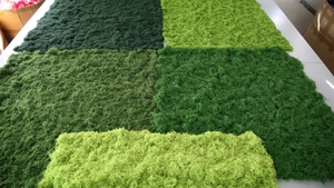 Detailed comparison of five green tones and flocked texture of artificial moss mats